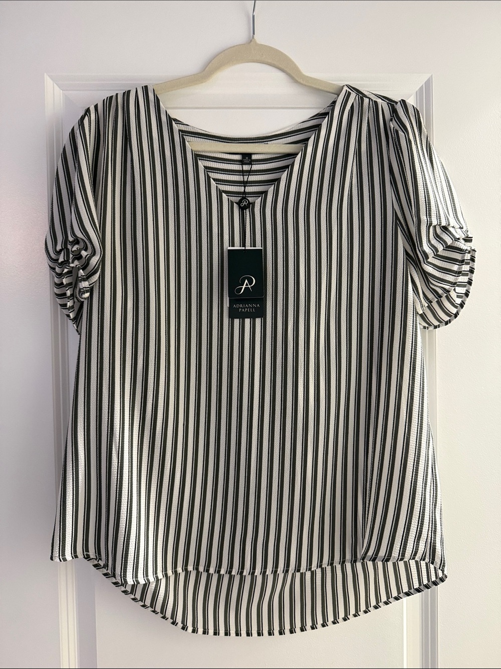 Adrianna Papell Black & White Vertical-Stripe V-Neck Blouse